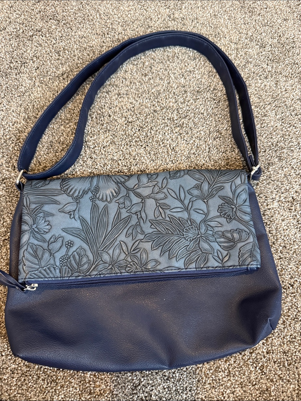 Navy Floral-Embossed Shoulder Bag with Front Zip